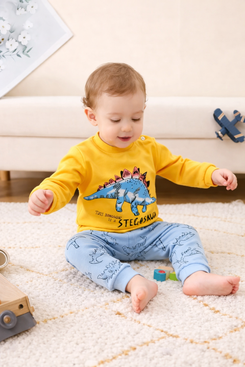 Yellow with Blue Dinosour Printed Kids Suit