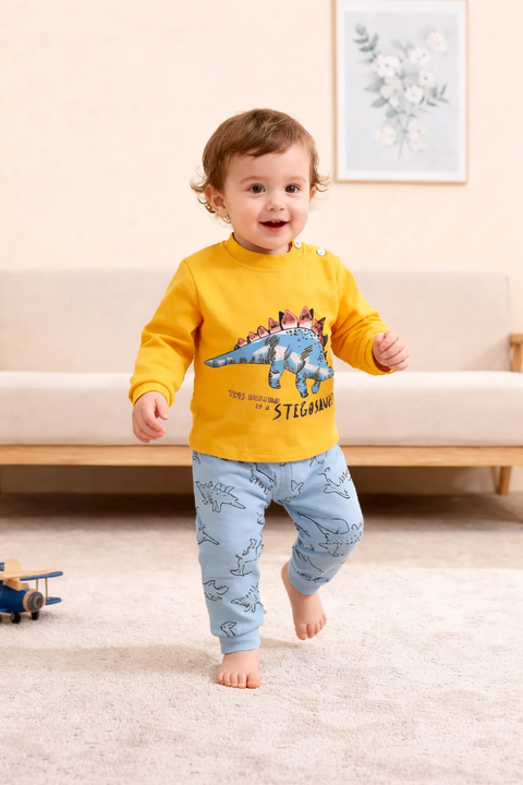 Yellow with Blue Dinosour Printed Kids Suit