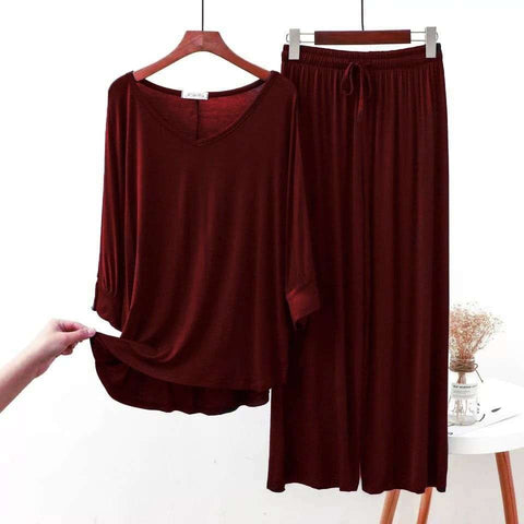 Plain Maroon V Neck with Palazzo Style Pajama Full Sleeves Suit