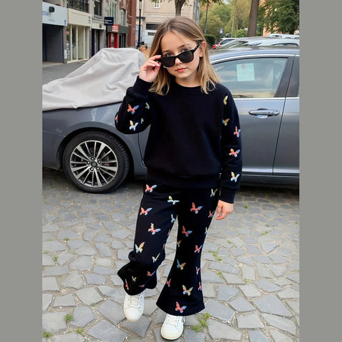 Black Butterfly Print Winter Girls Tracksuit