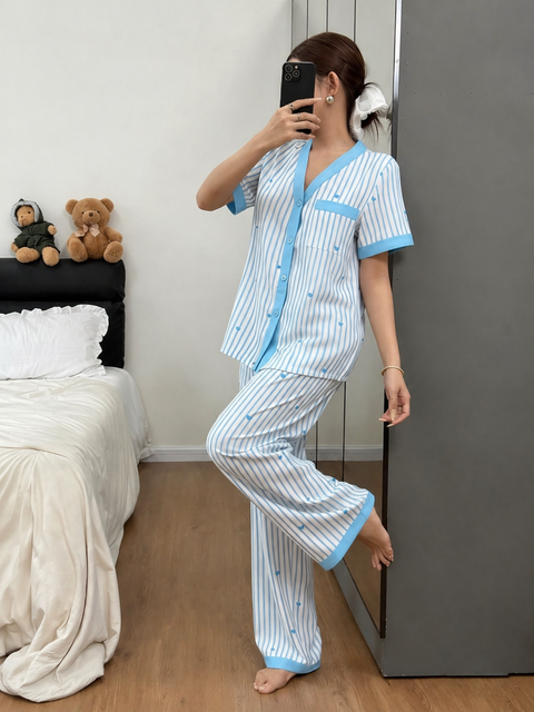 Sky blue All over Hearts with Sky Blue lining Style Button Night Suit