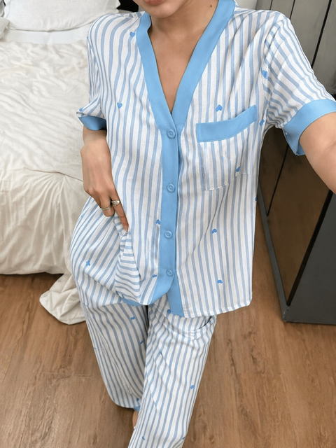 Sky blue All over Hearts with Sky Blue lining Style Button Night Suit
