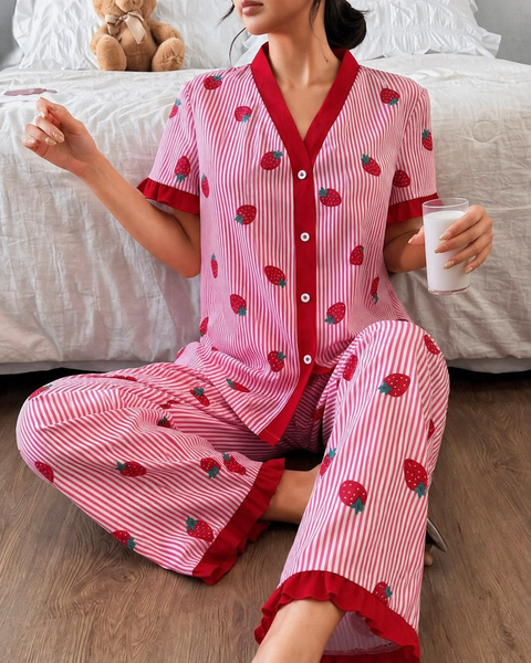 Pink All over Strawberry with pink lining style button Night suit