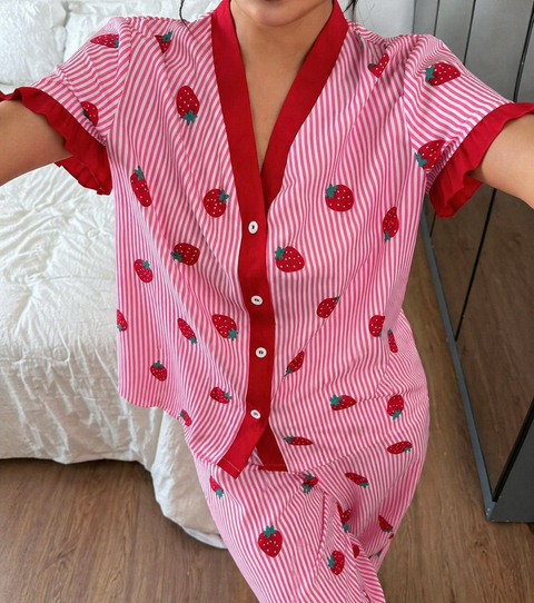 Pink All over Strawberry with pink lining style button Night suit