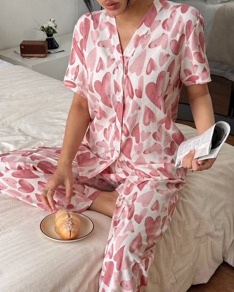 Rose Pink All Over Big Hearts Button Style Night Suit