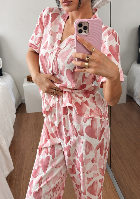 Rose Pink All Over Big Hearts Button Style Night Suit