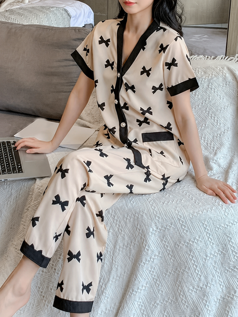 Off White with Black Bow V-Neck Button Style Printed Night Suit