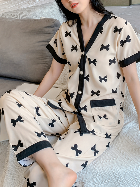 Off White with Black Bow V-Neck Button Style Printed Night Suit