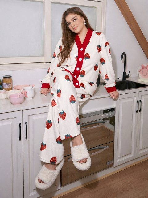 White with Pink Strawberry V-Neck Button Style Printed Night Suit