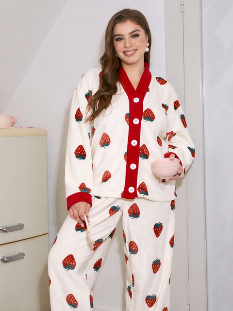 White with Pink Strawberry V-Neck Button Style Printed Night Suit