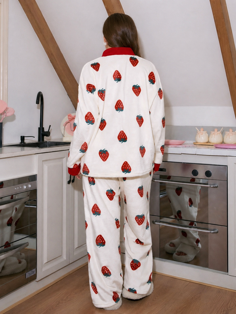 White with Pink Strawberry V-Neck Button Style Printed Night Suit