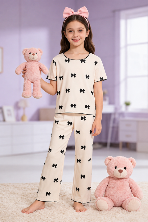 Young girl in a pajama set with black bow pattern, holding a pink teddy bear in a room.