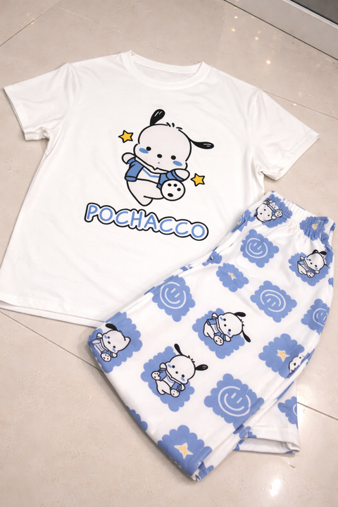 White Pochacco Print Half Sleeves Printed Night Suit Dream Wear Sleep Suit