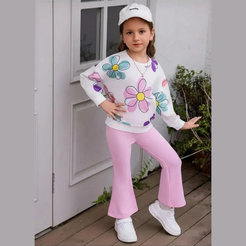 Off white Multi Big Flower Printed with Pink pajama Winter Girls Tracksuit