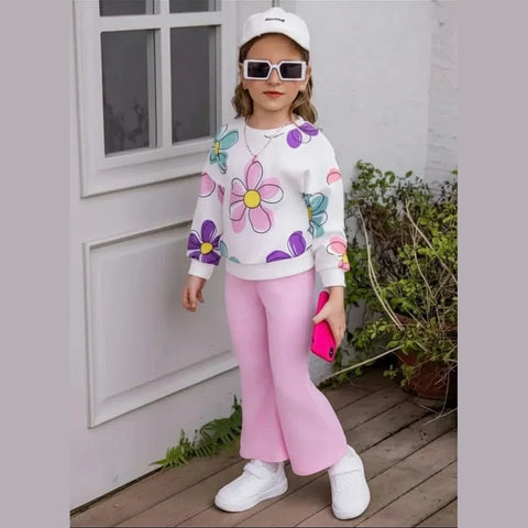 Off white Multi Big Flower Printed with Pink pajama Winter Girls Tracksuit