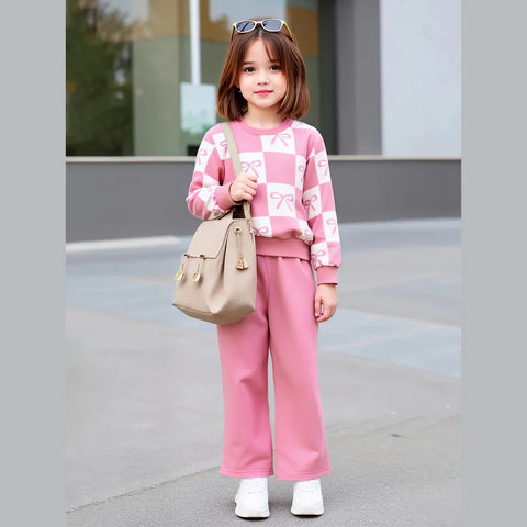 Pink Checkered Bow with Pink Pajama Kids Track suit