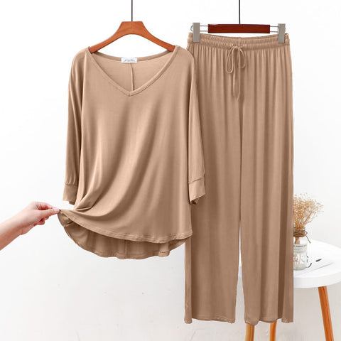 Skin V Neck with Palazzo Style Pajama Full Sleeves Suit