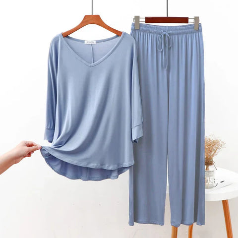 Light Blue V-neck Full Sleep Tshirt Trouser