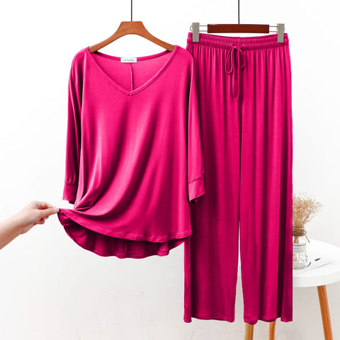 Shocking Pink V Neck with Palazzo Style Pajama Full Sleeves Suit