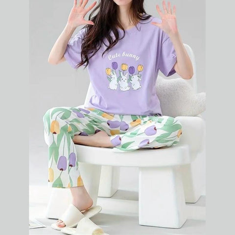 Lilac bunny Printed Half Sleeves Night Suit The Ultimate Dream Wear Sleep Suit