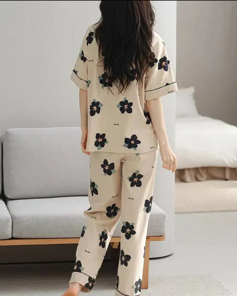 Brown Big Black All Over Flowers Print Half Sleeves