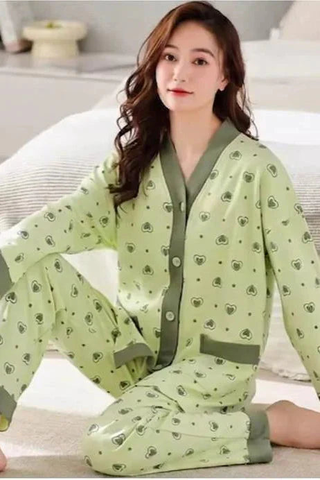 Green All Over Hearts Printed Button Style Night Suit For Her