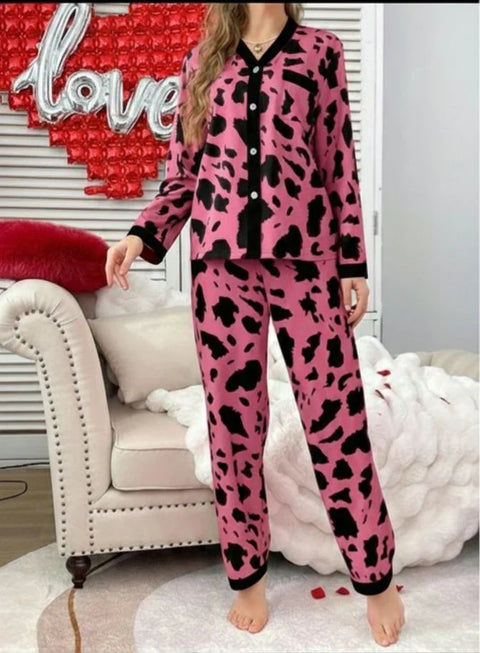 Shocking Pink with Cheetah V-Neck Button Printed Pj Set For Her