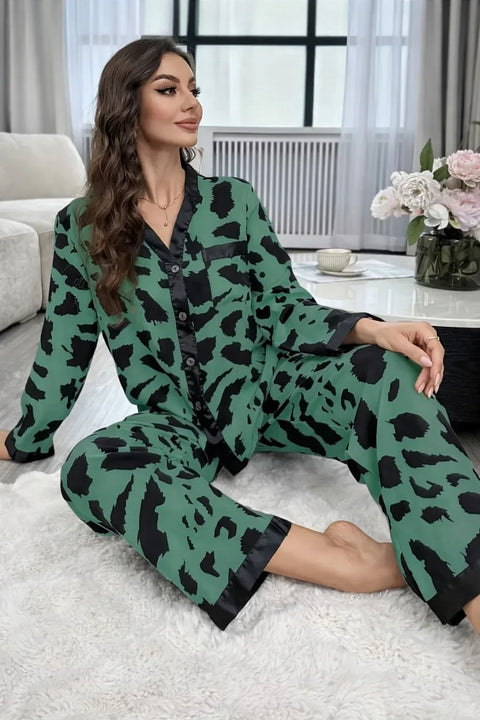 Green with Cheetah V-Neck Button Printed Pj Set For Her