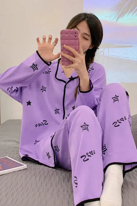 Purple All over Stars Printed button style Night Suit