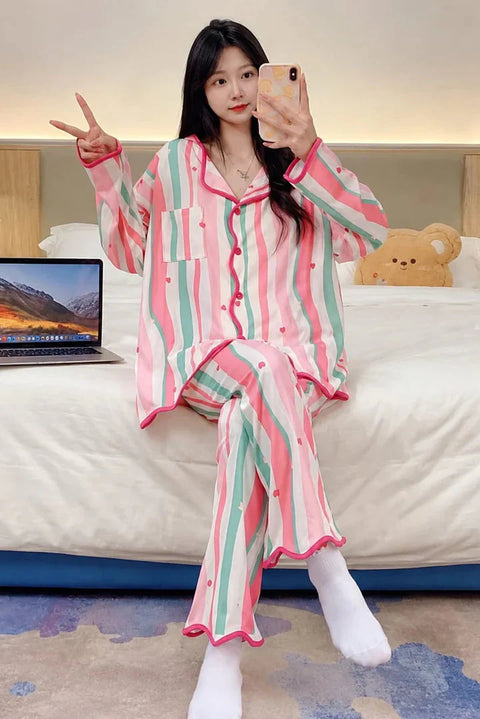 Off white Multicolour lining Stars Printed button style night suit For Her