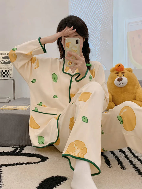 Off white Leaves and Lemon Printed button style night suit For her