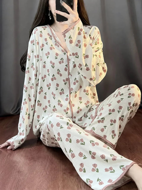 Off white All over roses with brown pippen button style night suit for her