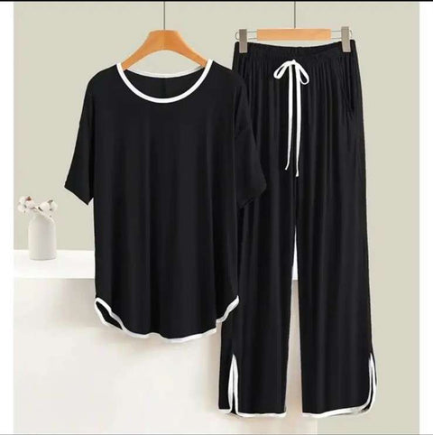 Black With White Round Neck Stripe Half Sleeves Shirt With Plazzo Trouser