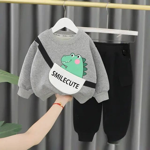 Grey Dragon Winter Pullover with Black Pants Tracksuit For Kids